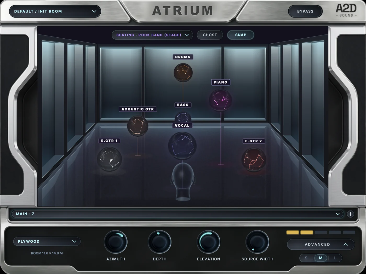 Atrium with a Rock Band (Stage) seating: drums, bass, vocal, piano and guitars placed around the room