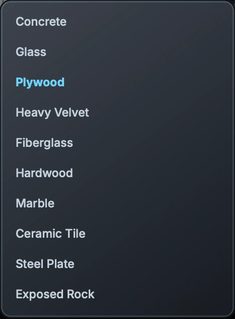 Atrium's materials menu: Concrete, Glass, Plywood, Heavy Velvet, Fiberglass, Hardwood, Marble, Ceramic Tile, Steel Plate, Exposed Rock